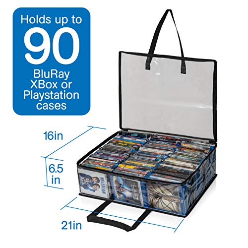 Besti Blu Ray Case Holder Organizer, Set of 2 Clear Plastic Bags with Handles for Storing Blurays, DVDs, CDs, Storage Bags for Video Game Cases, Holds Up to 90 Bluray and 60 DVD Cases