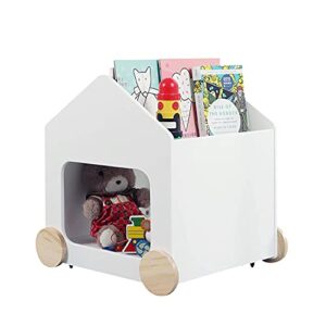 jolie vallÉe toys & home wooden kids bookshelf, 2 in 1 children's bookcase with toy storage, baby book organizer with wheels, book cabinet/book rack/toy box white