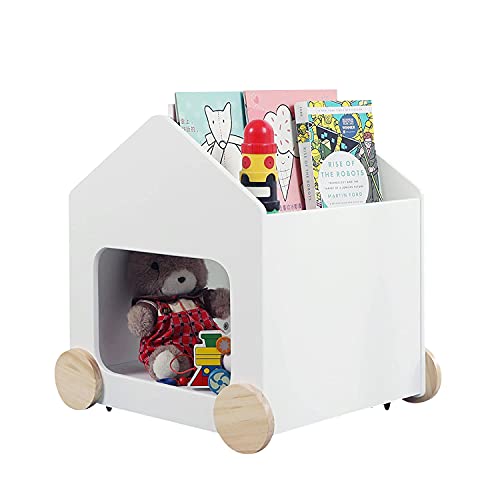 JOLIE VALLÉE TOYS & HOME Wooden Kids Bookshelf, 2 in 1 Children's Bookcase with Toy Storage, Baby Book Organizer with Wheels, Book Cabinet/Book Rack/Toy Box White