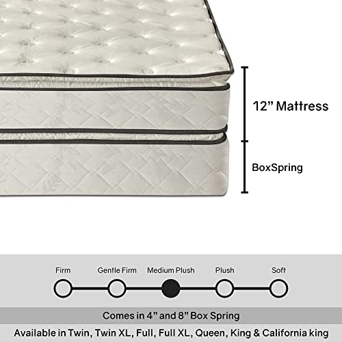 Treaton, 12-Inch Medium Plush Double Sided Pillowtop Innerspring Mattress & 8" Wood Box Spring Set, Queen