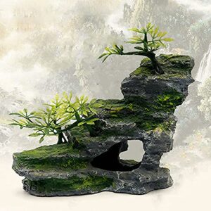 IBWell Aquarium Ornament Rock Cave Landscape Artificial Mountain View Stone with Moss Tree Fish Tank Decoration (#Hill A)