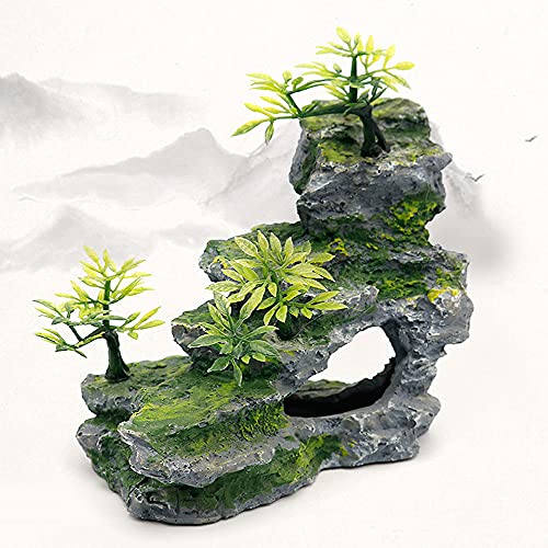 IBWell Aquarium Ornament Rock Cave Landscape Artificial Mountain View Stone with Moss Tree Fish Tank Decoration (#Hill A)