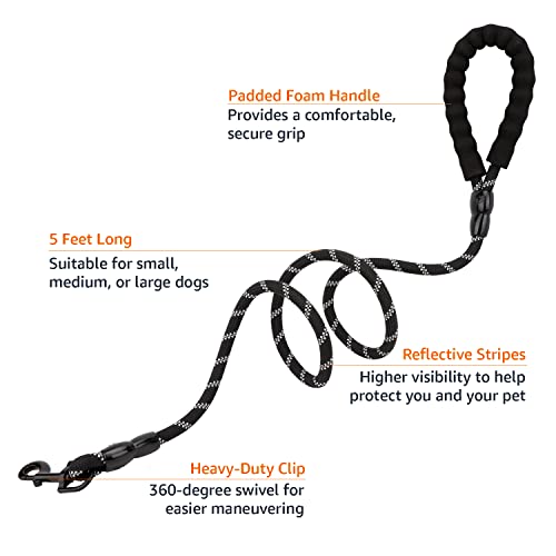 Amazon Basics 5-Foot Reflective Dog Leash with Comfortable Padded Handle, Black, for Large, Medium or Small Dogs