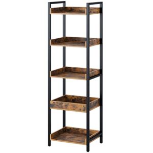 rolanstar bookshelf, 5-tier storage rack, narrow corner bookshelf, display wooden shelves for living room, bathroom, balcony, kitchen,rustic brown