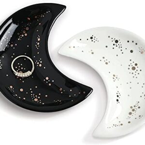 Small Moon Jewelry Dish Tray, Decorative Ceramic Trinket Dish, Modern Accent Tray for Vanity（Black and White ）