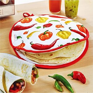 sokkia tortilla warmer taco 12 inch insulated cloth pouch - microwave use fabric bag to keep food warm and fresh (hot red chili pepper carnival white)
