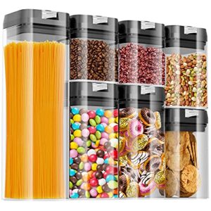 airtight food storage containers set , kitchen & pantry organization - bpa free plastic dry food storage containers with easy lock lids - stackable sugar, flour & cereal canisters with labels & marker