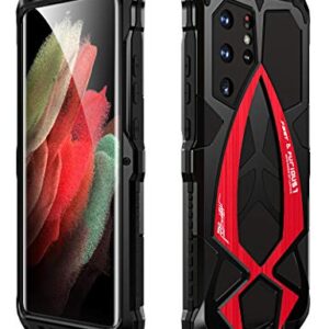 KumWum Armor Phone Case for Samsung Galaxy S21 Ultra Military Grade Drop Protection Cover S21Ultra 5G Heavy Duty Hybrid Metal Bumper Built-in Silicone Shockproof Dustproof - Black + Red