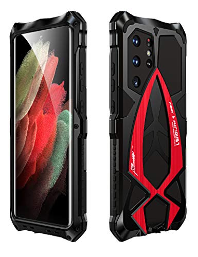 KumWum Armor Phone Case for Samsung Galaxy S21 Ultra Military Grade Drop Protection Cover S21Ultra 5G Heavy Duty Hybrid Metal Bumper Built-in Silicone Shockproof Dustproof - Black + Red