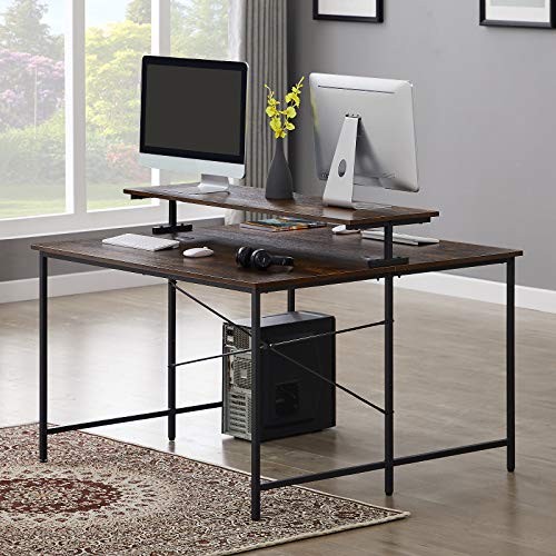 Rhomtree 47 x 47 Inch Face to Face Double Computer Desk with Monitor Shelf, Extra Large Two Person Desk with Monitor Stand, Double Workstation Home Office Desk (Brown)