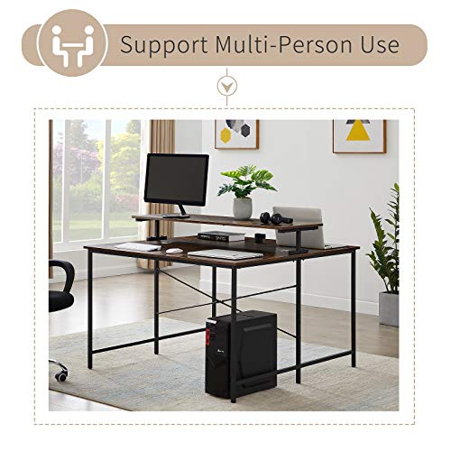 Rhomtree 47 x 47 Inch Face to Face Double Computer Desk with Monitor Shelf, Extra Large Two Person Desk with Monitor Stand, Double Workstation Home Office Desk (Brown)