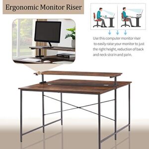 Rhomtree 47 x 47 Inch Face to Face Double Computer Desk with Monitor Shelf, Extra Large Two Person Desk with Monitor Stand, Double Workstation Home Office Desk (Brown)