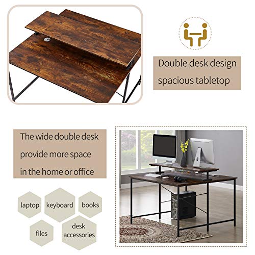 Rhomtree 47 x 47 Inch Face to Face Double Computer Desk with Monitor Shelf, Extra Large Two Person Desk with Monitor Stand, Double Workstation Home Office Desk (Brown)