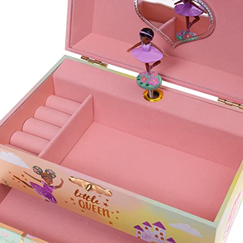 Jewelkeeper Girl's Musical Jewelry Storage Box with Pullout Drawer and Black Ballerina, Little Queen Design, Swan Lake Tune