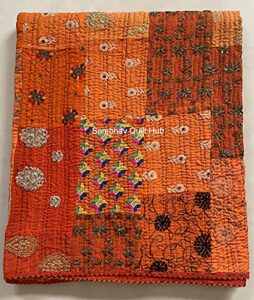 multicolor patchwork quilt vintage indian reversible quilted throw blanket super soft and warm living room decorative for sofa and couch 60x67 inches (orange)