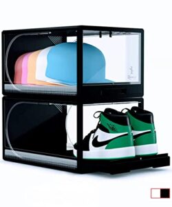 premium reinforced acrylic sneaker boxes. hat organizer box. clear hat storage containers. sneaker storage for sneakerheads. upgrade drawer type shoe boxes clear plastic stackable. collapsible shoe rack storage organizer. foldable shoe storage boxes. shoe
