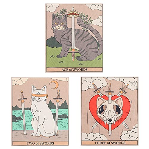 Lourny 3 Pcs Small Tarot Tapestry Wall Hanging Cute Animal Cartoon Cat Tapestries Decor for Bedroom Living Room(Swords, 12 x 16 inches)