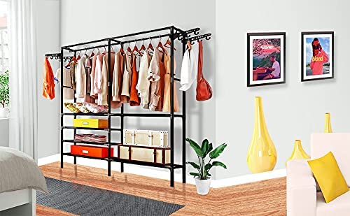 Sasoiky Garment Rack,Shoe Clothing Organizer Shelves,Freestanding Multifunctional Clothes Wardrobe- Closet with Hooks (Black)