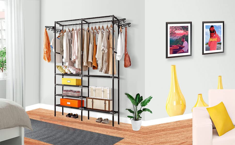 Sasoiky Garment Rack,Shoe Clothing Organizer Shelves,Freestanding Multifunctional Clothes Wardrobe- Closet with Hooks (Black)