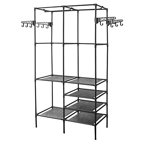 Sasoiky Garment Rack,Shoe Clothing Organizer Shelves,Freestanding Multifunctional Clothes Wardrobe- Closet with Hooks (Black)