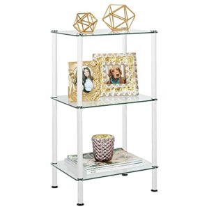 mdesign metal/glass 3-tier storage tower, narrow shelving display unit, open glass shelves; multi-use stand for living room, bathroom, home office, hallway, bedroom organization - white/clear