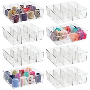 mdesign plastic 12 compartment divided drawer and closet storage bin - organizer for scarves, socks, ties bras, and underwear - dress drawer, shelf organizer - lumiere collection - 8 pack - clear