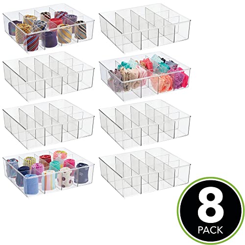 mDesign Plastic 12 Compartment Divided Drawer and Closet Storage Bin - Organizer for Scarves, Socks, Ties Bras, and Underwear - Dress Drawer, Shelf Organizer - Lumiere Collection - 8 Pack - Clear