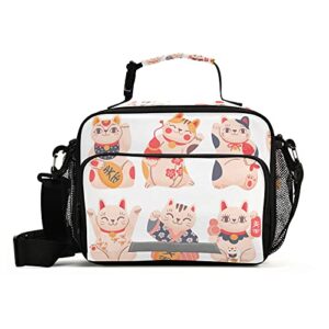 japanese lucky cats lunch bag for women and men insulated lunch box for school student teen girls boys business picnic travel cooler bag with shoulder strap