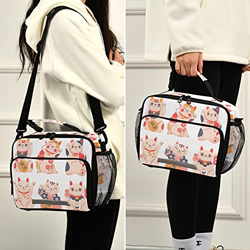 Japanese Lucky Cats Lunch Bag for Women and Men Insulated Lunch Box for School Student Teen Girls Boys Business Picnic Travel Cooler Bag with Shoulder Strap