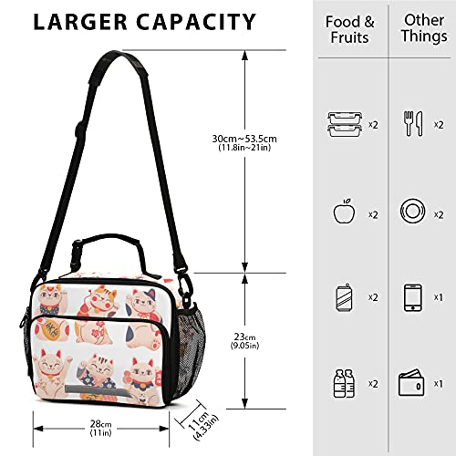 Japanese Lucky Cats Lunch Bag for Women and Men Insulated Lunch Box for School Student Teen Girls Boys Business Picnic Travel Cooler Bag with Shoulder Strap