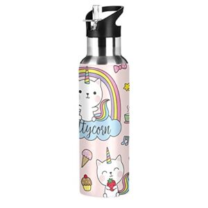 cute rainbow kitty cat unicorn sports water bottles with straw insulated stainless steel vacuum flask keeps hot and cold for kids adult travel