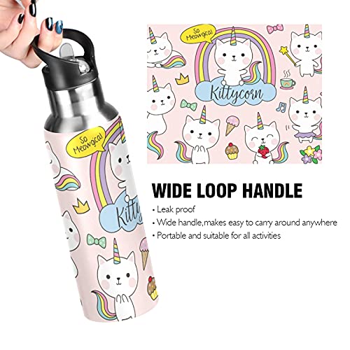 Cute Rainbow Kitty Cat Unicorn Sports Water Bottles with Straw Insulated Stainless Steel Vacuum Flask Keeps Hot and Cold for Kids Adult Travel