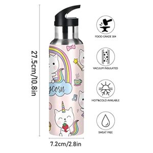 Cute Rainbow Kitty Cat Unicorn Sports Water Bottles with Straw Insulated Stainless Steel Vacuum Flask Keeps Hot and Cold for Kids Adult Travel