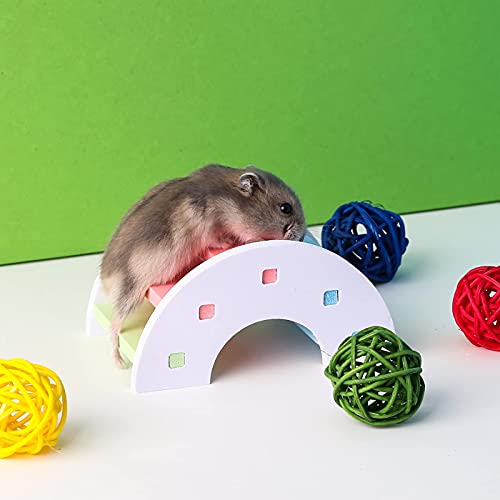 DJun Hamster Rainbow Chew Toys Include House Bridge Swing Seesaw and 10 Colorful Rattan Balls, Pet Sport Exercise Toys Set, Guinea Pig Rat Chinchilla Cage Accessories for Small Animals (Style 1)