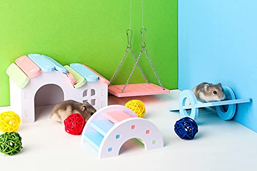 DJun Hamster Rainbow Chew Toys Include House Bridge Swing Seesaw and 10 Colorful Rattan Balls, Pet Sport Exercise Toys Set, Guinea Pig Rat Chinchilla Cage Accessories for Small Animals (Style 1)