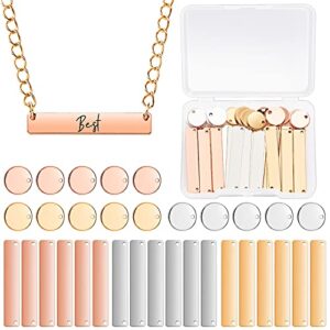 30 pieces metal stamping blank tag pendants, includes 15 rectangle stamping blank bar charms horizontal brass tag necklace for jewellery and 15 round blank name plate pendant for diy craft (gold, silver, rose gold)