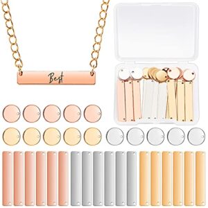 30 Pieces Metal Stamping Blank Tag Pendants, Includes 15 Rectangle Stamping Blank Bar Charms Horizontal Brass Tag Necklace For Jewellery and 15 Round Blank Name Plate Pendant for DIY Craft (Gold, Silver, Rose Gold)