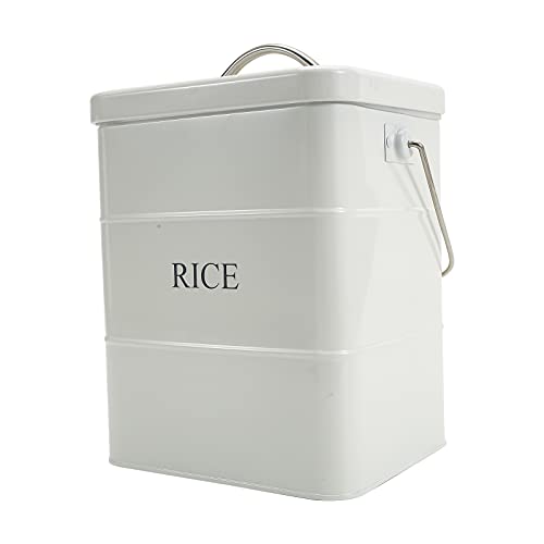 Xbopetda Metal Rice Storage Box, Square Rice Container with Lid and handle, Sealed Food Storage Bin for Kitchen, Countertop Organizer Jar for Rice Flour Soybean Grain Cereal-White