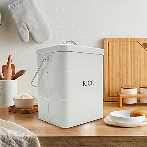 Xbopetda Metal Rice Storage Box, Square Rice Container with Lid and handle, Sealed Food Storage Bin for Kitchen, Countertop Organizer Jar for Rice Flour Soybean Grain Cereal-White