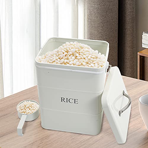 Xbopetda Metal Rice Storage Box, Square Rice Container with Lid and handle, Sealed Food Storage Bin for Kitchen, Countertop Organizer Jar for Rice Flour Soybean Grain Cereal-White