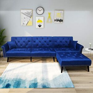 siu sectional convertible futon sofa bed,mid-century button tufted sofa 2 pillows,reversible chaise,l shape sectional couch sleeper velvet sleeper sofa for living room furniture (navy blue)