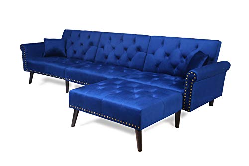 SIU Sectional Convertible Futon Sofa Bed,Mid-Century Button Tufted Sofa 2 Pillows,Reversible Chaise,L Shape Sectional Couch Sleeper Velvet Sleeper Sofa for Living Room Furniture (Navy Blue)