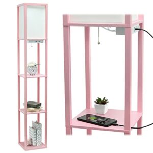 simple designs lf1037-lpk floor lamp etagere organizer storage shelf with 2 usb charging ports, 1 charging outlet and linen shade, light pink