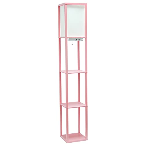 Simple Designs LF1037-LPK Floor Lamp Etagere Organizer Storage Shelf with 2 USB Charging Ports, 1 Charging Outlet and Linen Shade, Light Pink