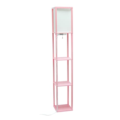 Simple Designs LF1037-LPK Floor Lamp Etagere Organizer Storage Shelf with 2 USB Charging Ports, 1 Charging Outlet and Linen Shade, Light Pink