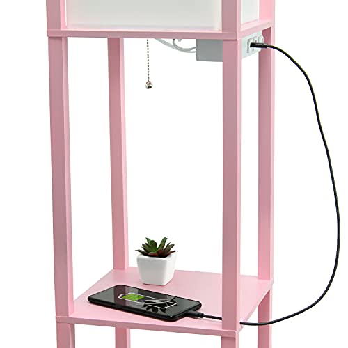 Simple Designs LF1037-LPK Floor Lamp Etagere Organizer Storage Shelf with 2 USB Charging Ports, 1 Charging Outlet and Linen Shade, Light Pink