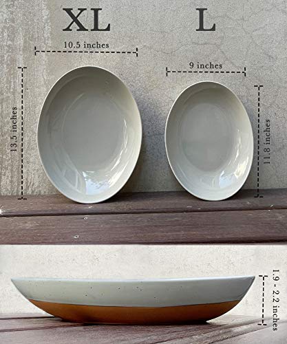 Mora Ceramic Large Serving Bowls- Set of 2 Oval Platters for Entertaining. Modern Kitchen Dishes for Dinner, Fruit, Salad, Turkey, etc. Oven, Dishwasher Safe, 55/35 oz, 13.5" / 11.8" - Earl Grey