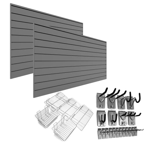 PROSLAT 33709K Ultimate Slat Wall Bundle with Slat Wall Panels, Hook Kit, Shelf and Basket Kit, Gray