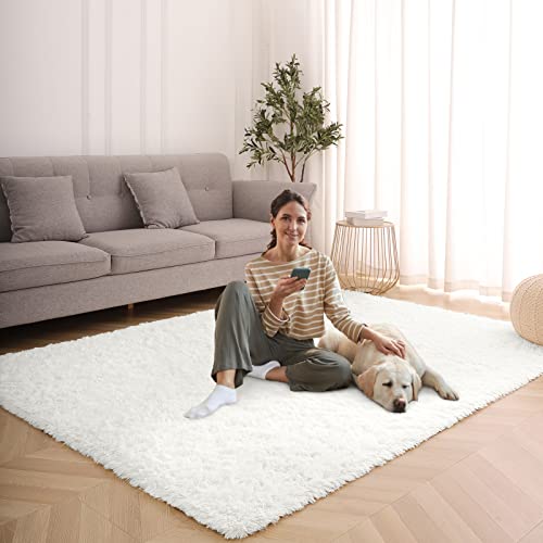 Wellber Modern Soft Cream White Shaggy Rugs Fluffy Home Decorative Carpets, 5x8 Feet, Rectangle Durable Plush Fuzzy Area Rugs for Living Room Bedroom Dorm Kids Room Nursery Indoor Floor Accent Rugs