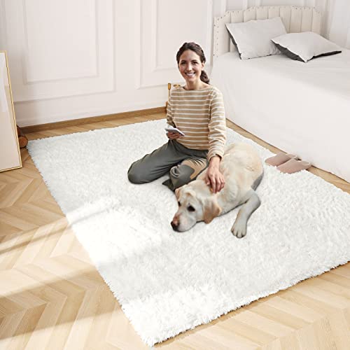 Wellber Modern Soft Cream White Shaggy Rugs Fluffy Home Decorative Carpets, 5x8 Feet, Rectangle Durable Plush Fuzzy Area Rugs for Living Room Bedroom Dorm Kids Room Nursery Indoor Floor Accent Rugs